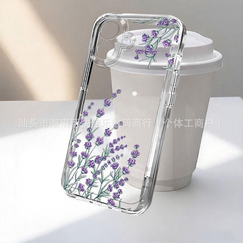 Pink Tulip Transparent iPhone15/14Promax Mobile Phone Case 11/12/13 All-inclusive Anti-drop 16/17PM