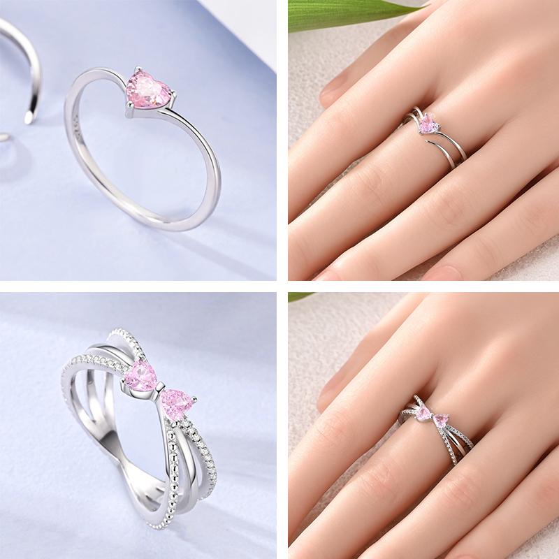 Latest Genuine Copper Rings Pink Bow Heart Love Stackable Ring For Women Girl Engagement Weddling Party Jewelry Creation Anniversary