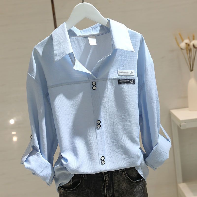 

Модная лоскутная однотонная блузка Весенняя повседневная с длинным рукавом На все случаи жизни Женская одежда для работы Поло с воротником-поло Корейская рубашка на пуговицах XXXL небесно-голубой