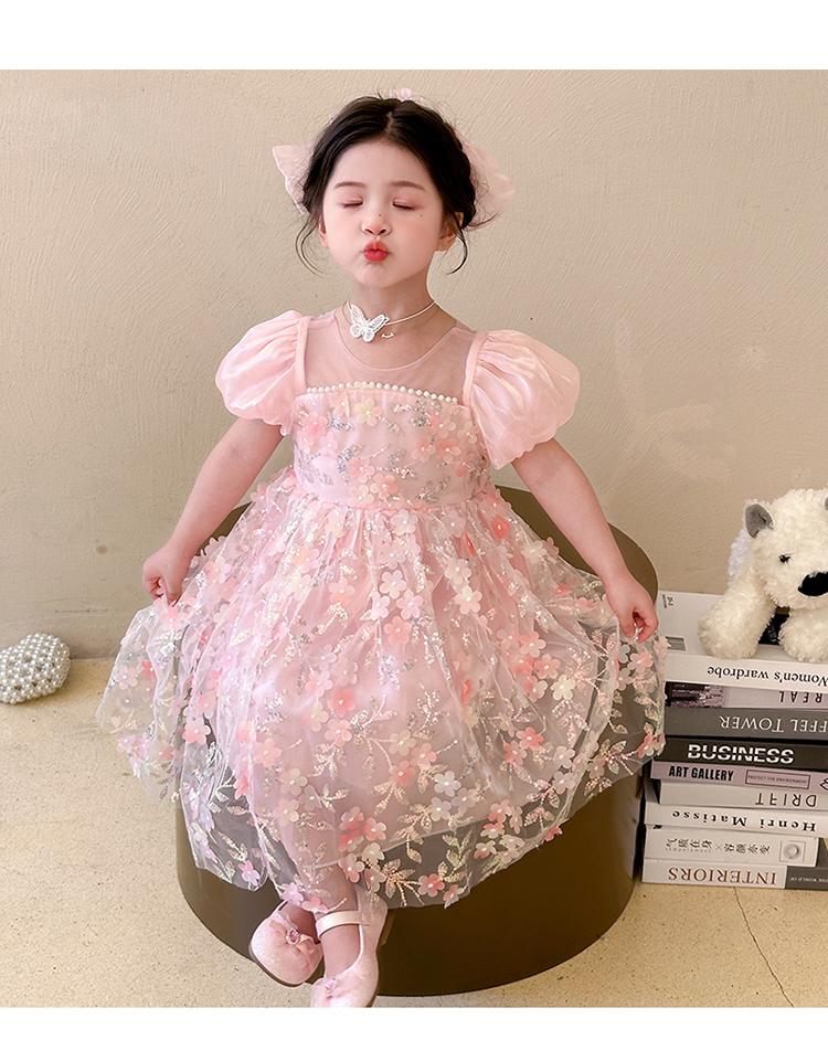 Girl Flower Fairy Sparkling Flower Dress New Summer Bubble Sleeve Princess Dress Elegant Birthday Dress