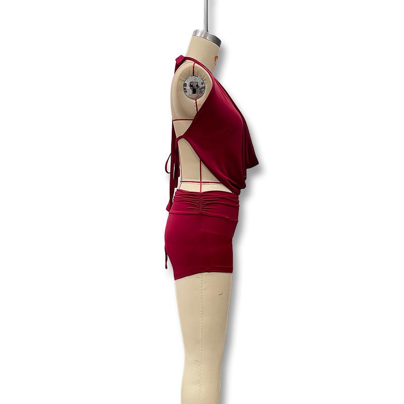 European & American Sexy Low-Cut Halter Backless Top with High-Waisted Ultra-Short Pants Two-Piece Set for Women.