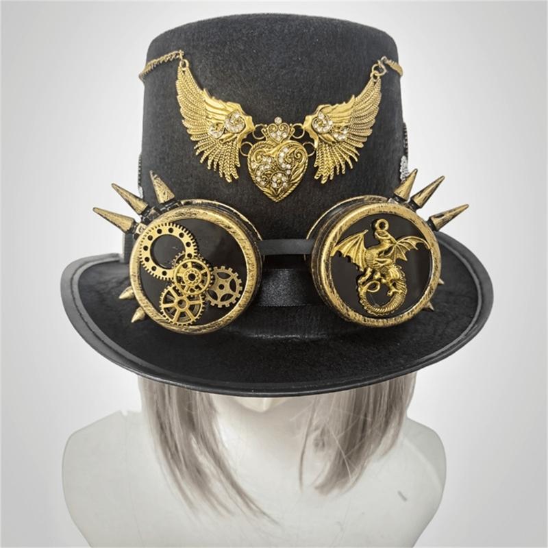 Gothic Top Hat With Metallic Goggles Gear And Winged Heart Design Tall Hat For Costume Parties Photography Headpiece