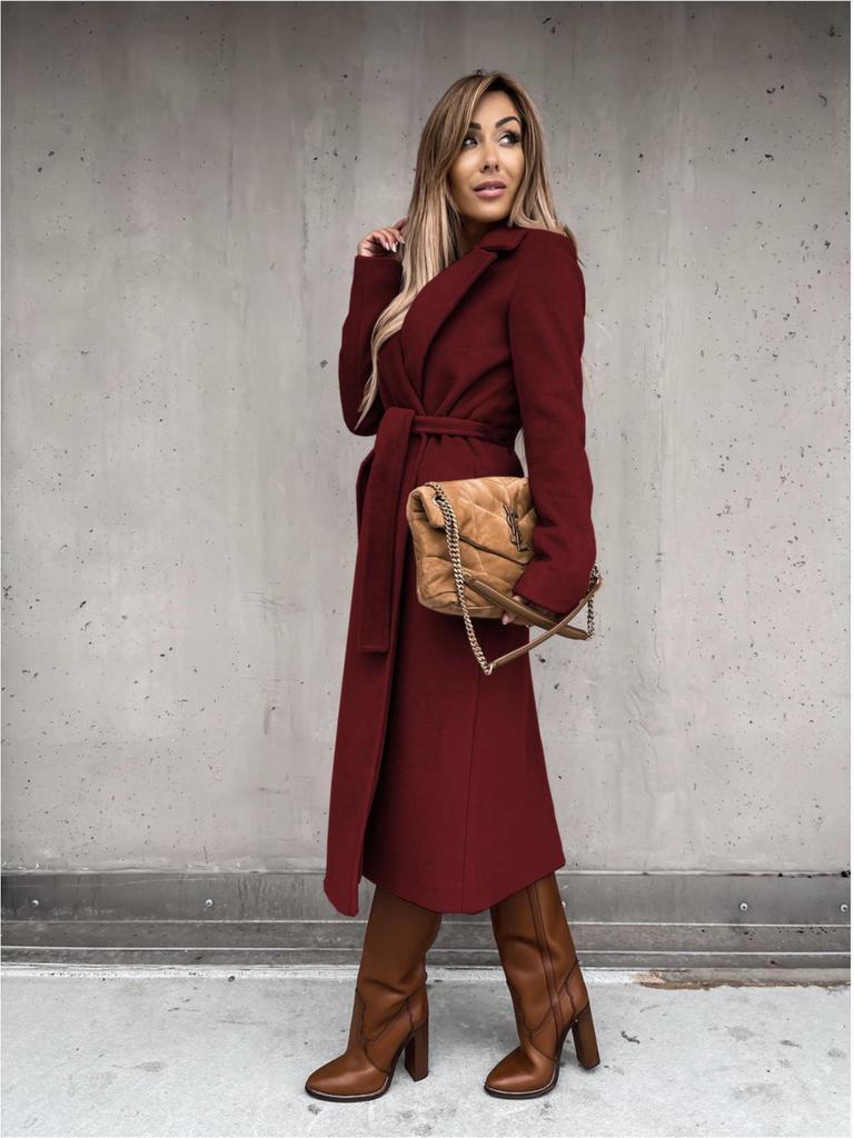 2024 Women's V-Neck Long Woolen Coat: Stylish Spring/Autumn Overcoat with Tie