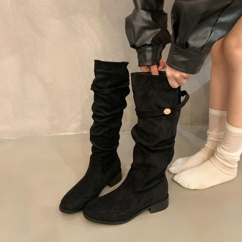 

Французские замшевые ботильоны абрикосового цвета на толстом каблуке женская обувь 2025 новая весна-осень зима универсальные тонкие длинные сапоги 39 чёрный