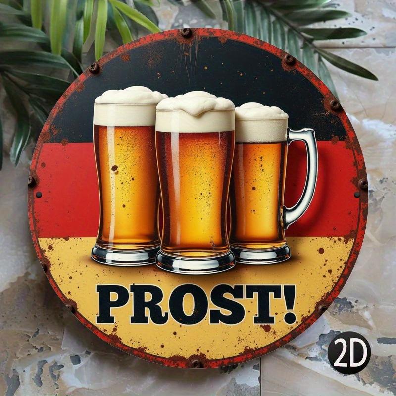D Flat pc Vintage Beer Toast Celebration Metal Sign Round Wall Art with Beer Mugs German Biergarten Design Rustic 20x20cm(8x8inch)
