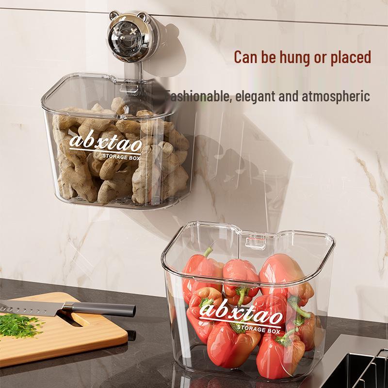 Wall-Mounted Kitchen Storage Box for Scallions, Ginger, and Garlic - Suction Cup Drainage Basket, No-Punch Hanging Design