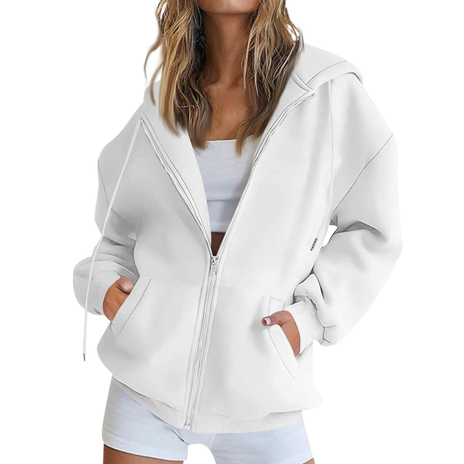 

Женская толстовка с капюшоном на молнии с длинным рукавом, флисовая куртка, толстовка с карманом, куртка M белый