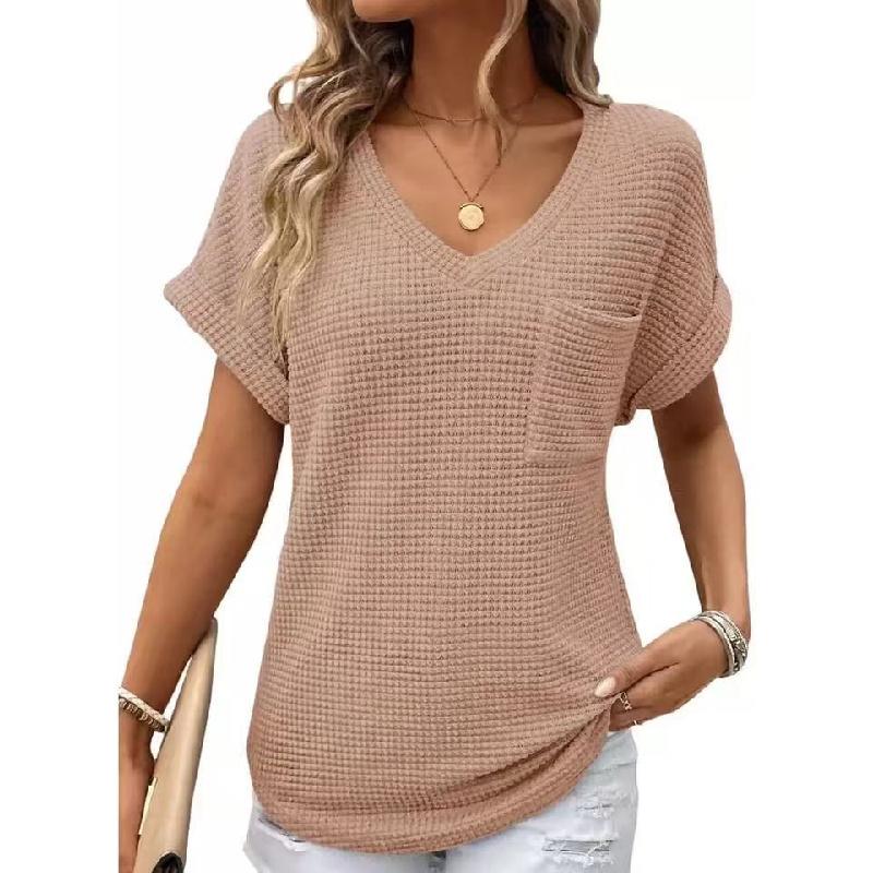 2026 Women's V-neck Summer Waffle Pocket Short Sleeve T-shirt