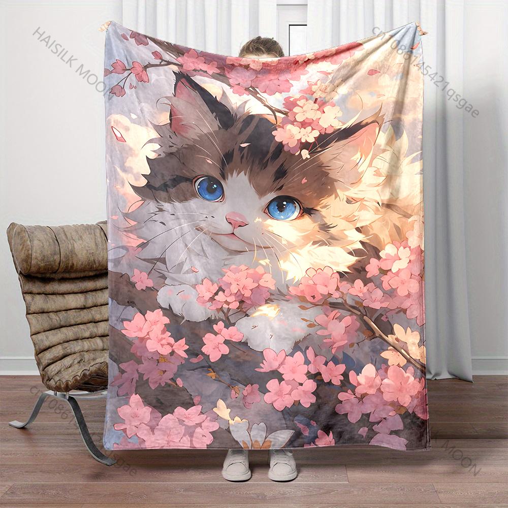 Multiple sizes Cat hiding in cherry blossoms Blanket Suitable for Home Bedroom Sofa Travel Camping Blanket Various Sizes Gifts