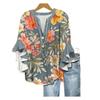 Large Women's Bohemian V-neck Shirt with Ruffle Sleeves, Grey Brown Floral Print Top, Casual Breathable Machine Washable Pullover