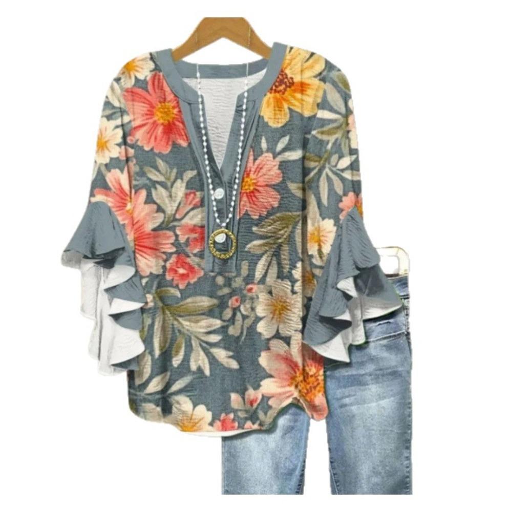 Large Women's Bohemian V-neck Shirt with Ruffle Sleeves, Grey Brown Floral Print Top, Casual Breathable Machine Washable Pullover