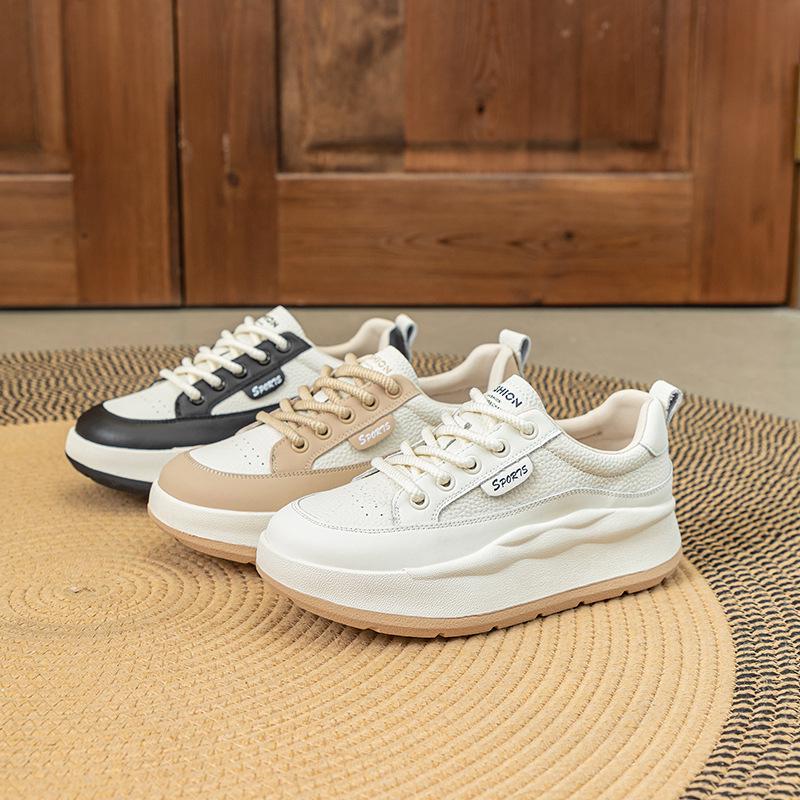 2024 Wiosna Damskie Białe Retro Buty Skate z Grubej Podeszwy ze Skóry Naturalnej - Wszechstronne, Płaskie, Casualowe Sneakersy Plus Size