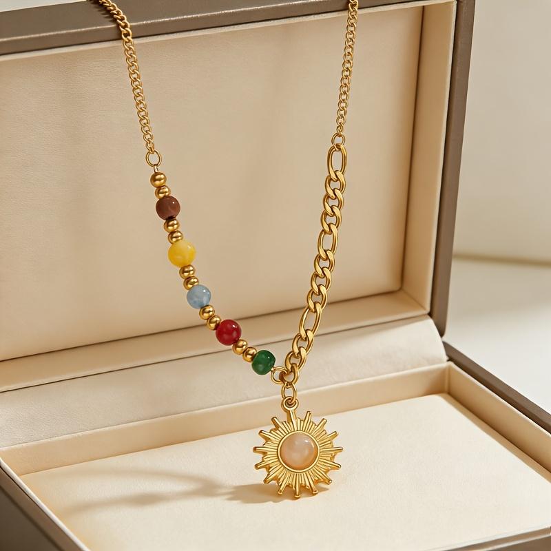 1PC Gold Opal Sun Pendant Mixed Color Stone Stainless Steel Pendant Necklace, French Retro