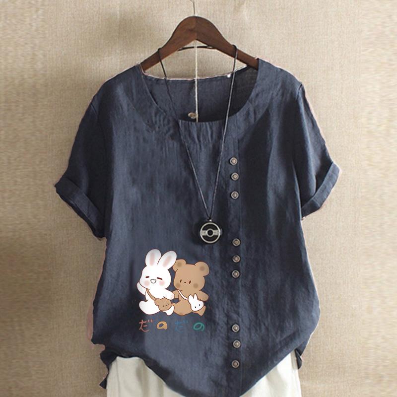 Women's New Fashion Linen Shirt Round Neck Short Sleeve Rabbit and Bear Printed T-shirt Summer Ladies Casual Plus Size Blouse Tops