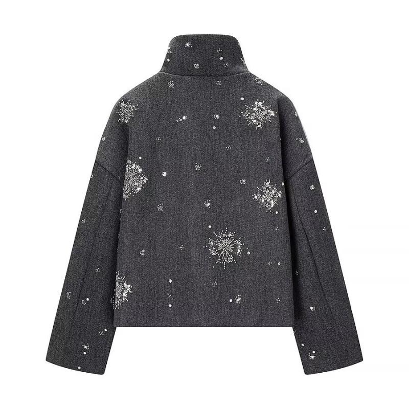 Womens Winter Fashion Stand Collar Zip Sequin Jacket Wool Blend Coat
