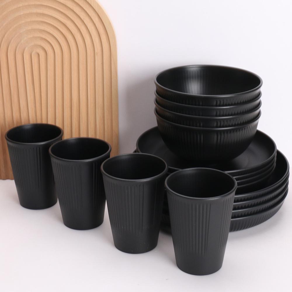 Tiktok Wheat Straw Tableware Set: 16-Piece includes Plates, Bowls, Cups, Saucers, Knives, Forks, and Spoons. Eco-friendly Kitchenware.