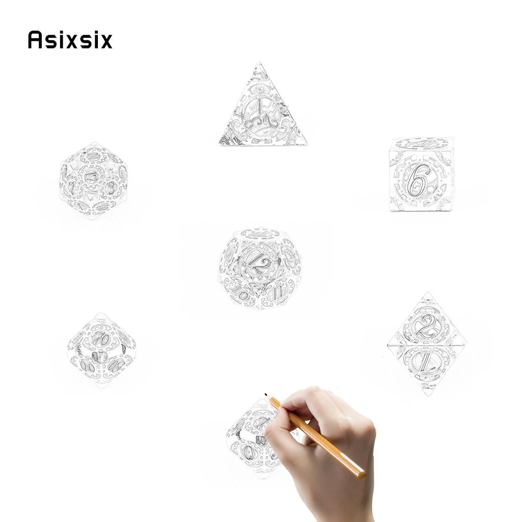 7 Stück gelb-blaues Zahnrad-Metallwürfel, hohles Metall-Polyeder-Würfel-Set, geeignet für Rollenspiele, RPG-Brettspiele, Kartenspiele