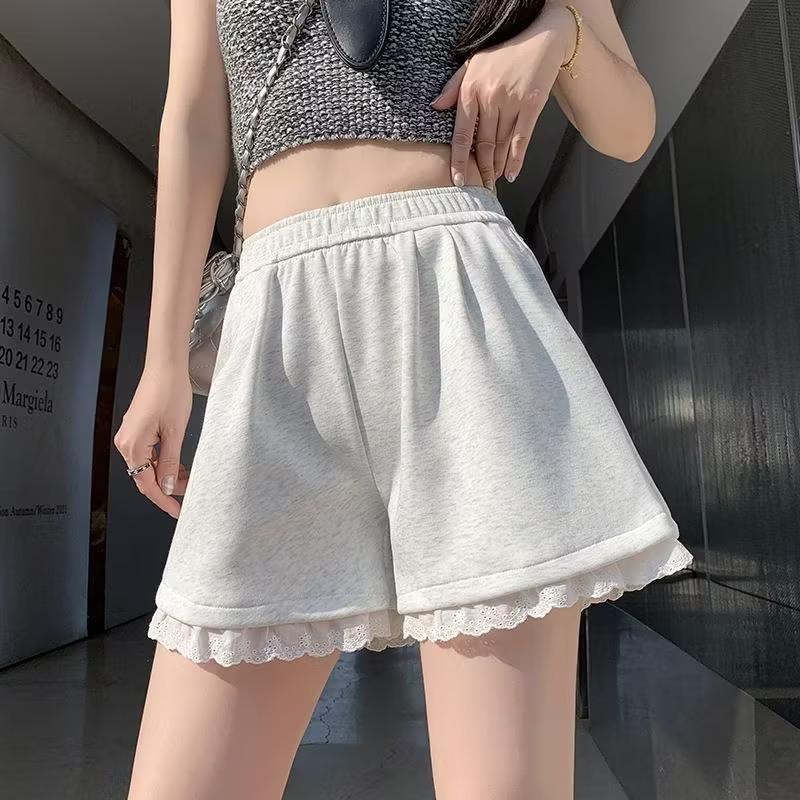 Women Lace Patchwork Shorts Elastic Summer Female Loose Wide Leg Straight Short Pants Solid Color Lady Casual High Waist Bottoms