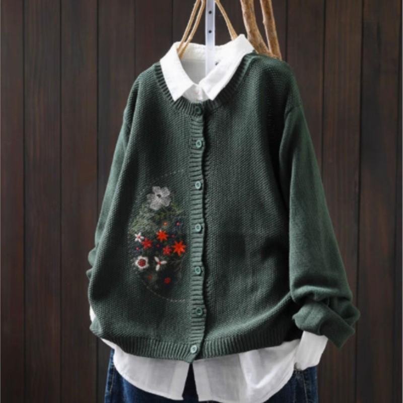 Johnature Women Vintage Embroidery Floral Sweaters O-Neck Long Sleeve Solid Color Button Knitted Autumn Sweaters