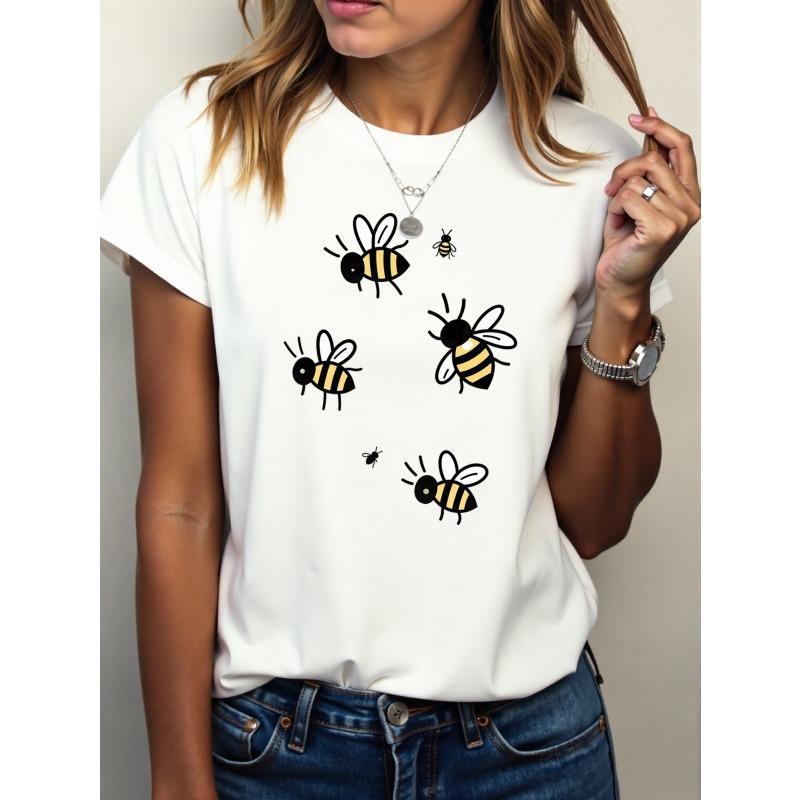 

Bee Print T-Shirt - Soft Breathable Quick-Dry Short Sleeve Top with Beehive & Bee, Casual Round Neck Blouse for Outdoor Summer Wear, S белый