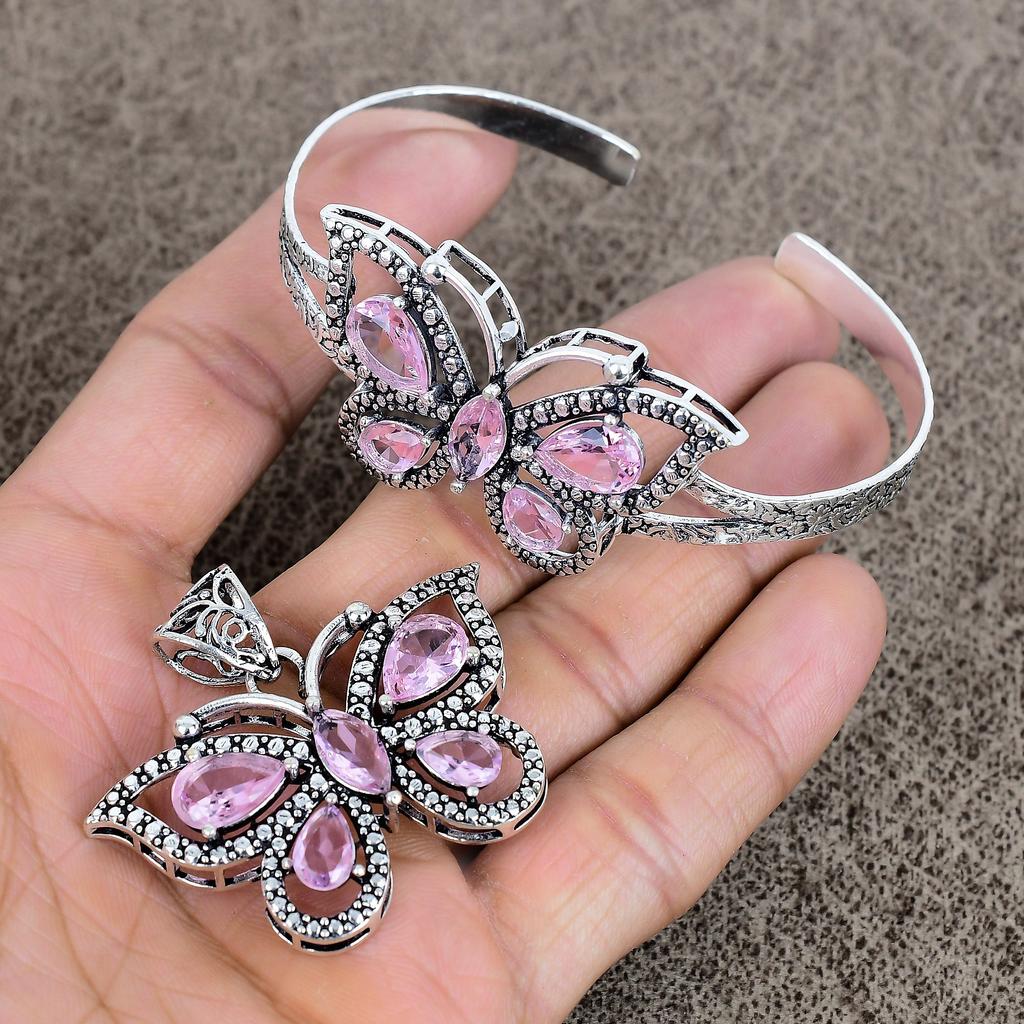 Pink Kunzite Gemstone Handmade 925 Sterling Silver Jewelry Set KKG-96