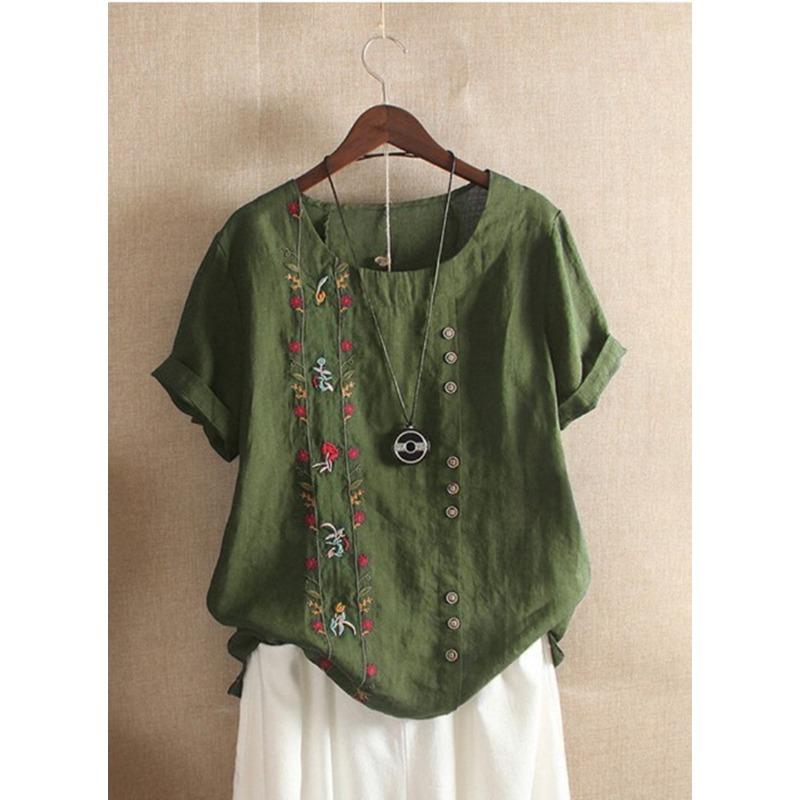 

Летние винтажные хлопковые льняные вышитые свободные повседневные футболки с короткими рукавами для женщин XL армия зеленый