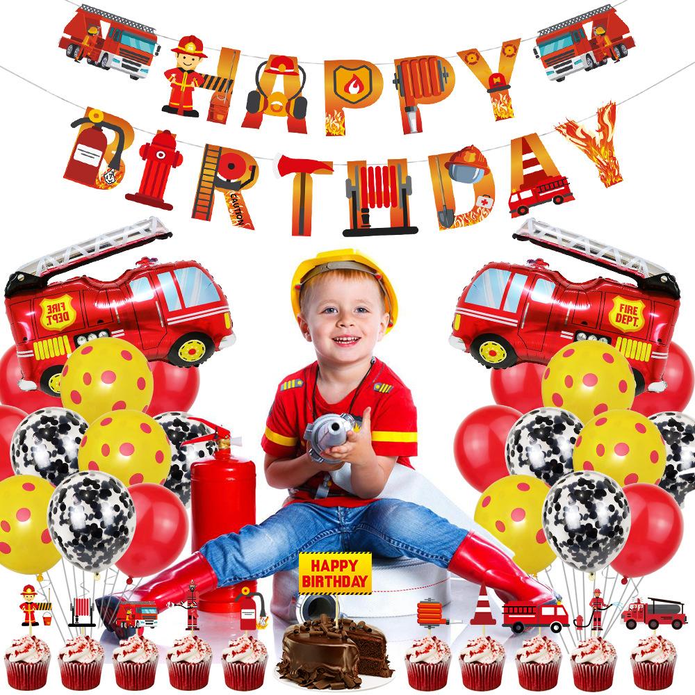 Fire Truck Theme Party Decoration Project Car Pull Flag Cake Plug Balloon Children'S Birthday Party Arrangement Supplies