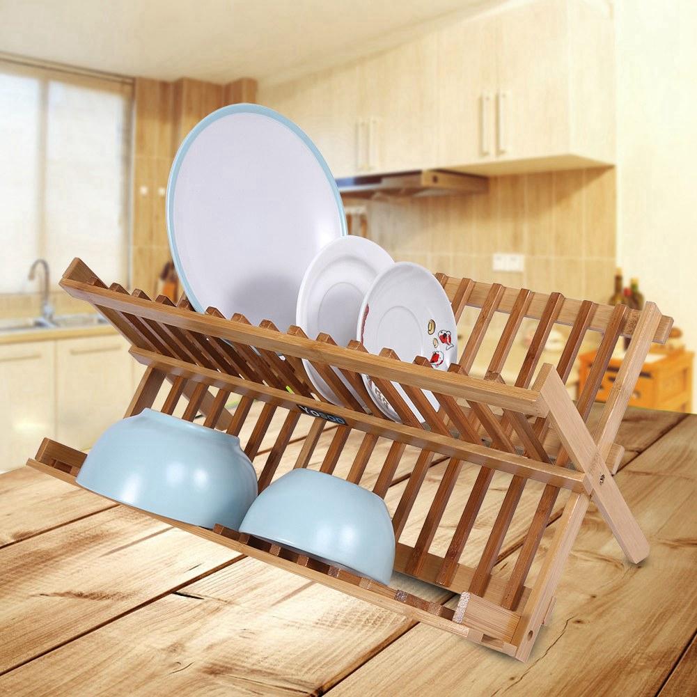 Scolapiatti, Scolapiatti Doppio Pieghevole in Legno, Scolaposate da Appoggio Scolapiatti con Scarico per Piatti, Piatti e Tazze