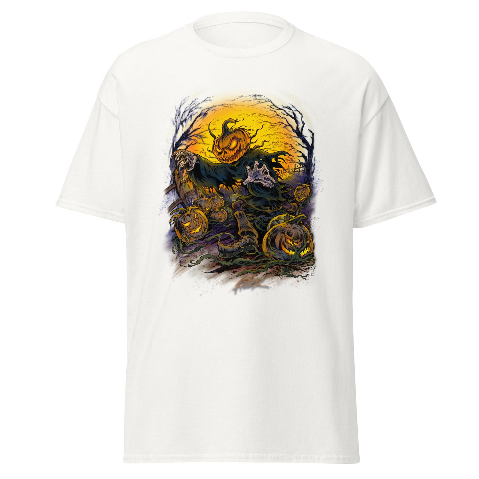All Hallows Eve T shirt-Pumpkin Face Skeleton in Pumpkin Patch T-shirt S