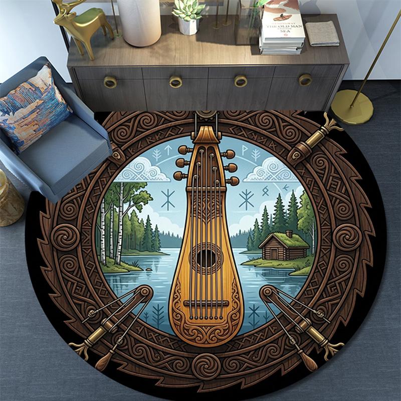 Wooden Lyre Forest Scene Round Area Rug Under Office Chairs Bedroom Living Room Home Decor