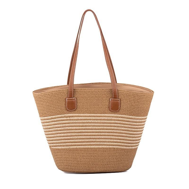 Shoulder Striped Straw Bag Woven Bag Large Capacity Portable Tote Bag Women's Beach Bag Zipper Vintage Woven