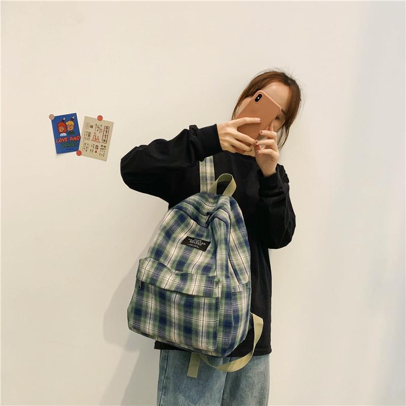 Spring New Korean Style Plaid Canvas Casual Backpack Simple Fashion Unisex Backpack
