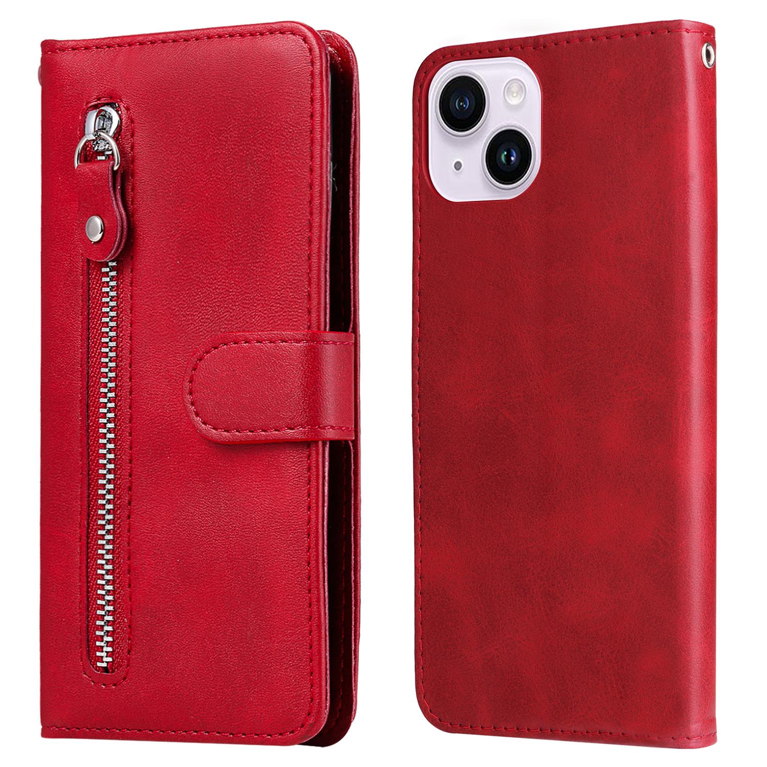 

Wallet Foldable Stand Cover For iPhone 15 Plus Anti-Scratch Calf Texture Phone Case Zipper Pocket Phone Shell Red