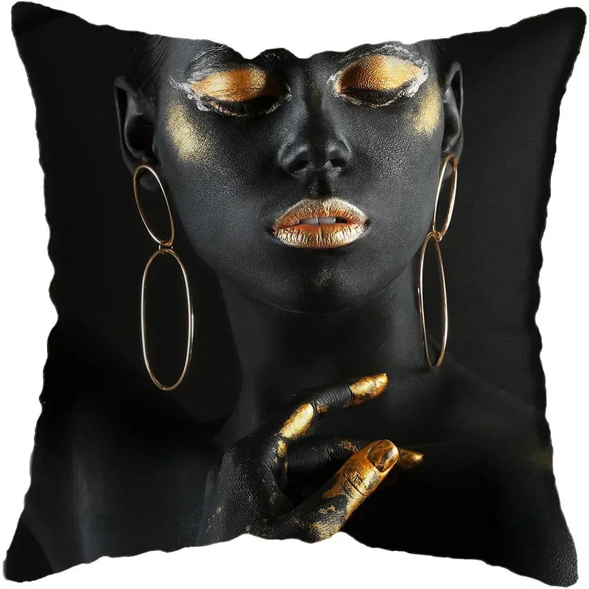 45*45CM Modern Living Room Black Gold African Lady Woman Style Look Art Deco Sofa Pillowcase Cushion Cover