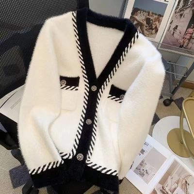 Cardigan Design V-neck Celebrity Little Fragrance Contrast Knitted Cardigan 2023 Autumn/Winter Casual Imitation Mink Coat Female