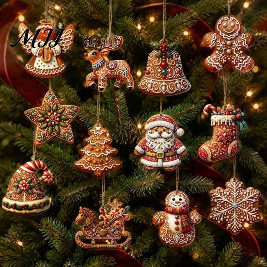 Christmas Store Window Decorations Wooden Gingerbread Style Ornaments with Natural Hemp Rope, Retro Festive Hanging Indoor Holiday Home Pendants