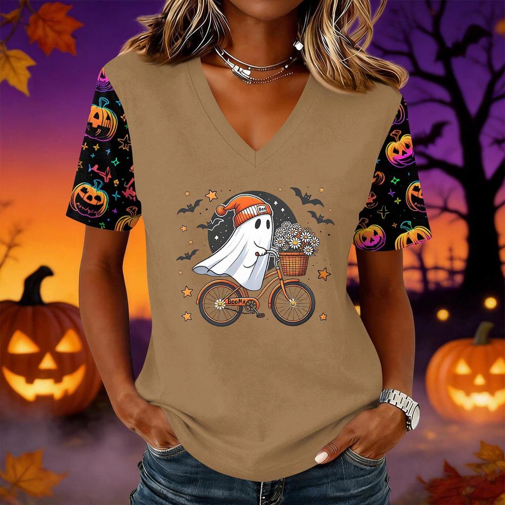 Women's Short Sleeve V-Neck Pullover Top with Halloween Print for Casual Everyday Wear