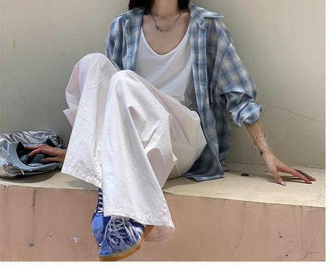 Women's Blue & White Plaid Cotton-Linen Shirt Jacket – Spring/Summer 2025, Sun Protection, Casual Style.