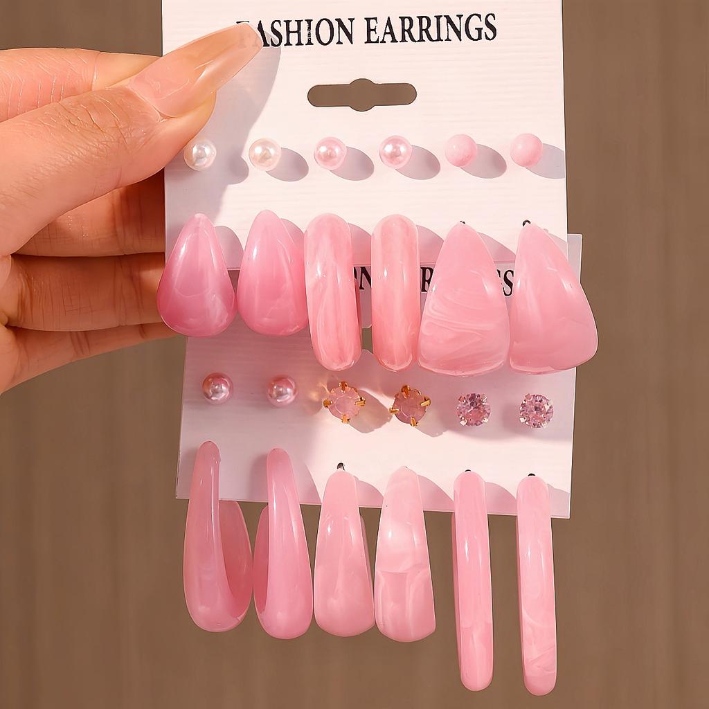 6 Pairs of Pink Suits, Fashion Pearl Love Earrings, Earrings, Card Packs, Resin Earrings for Women