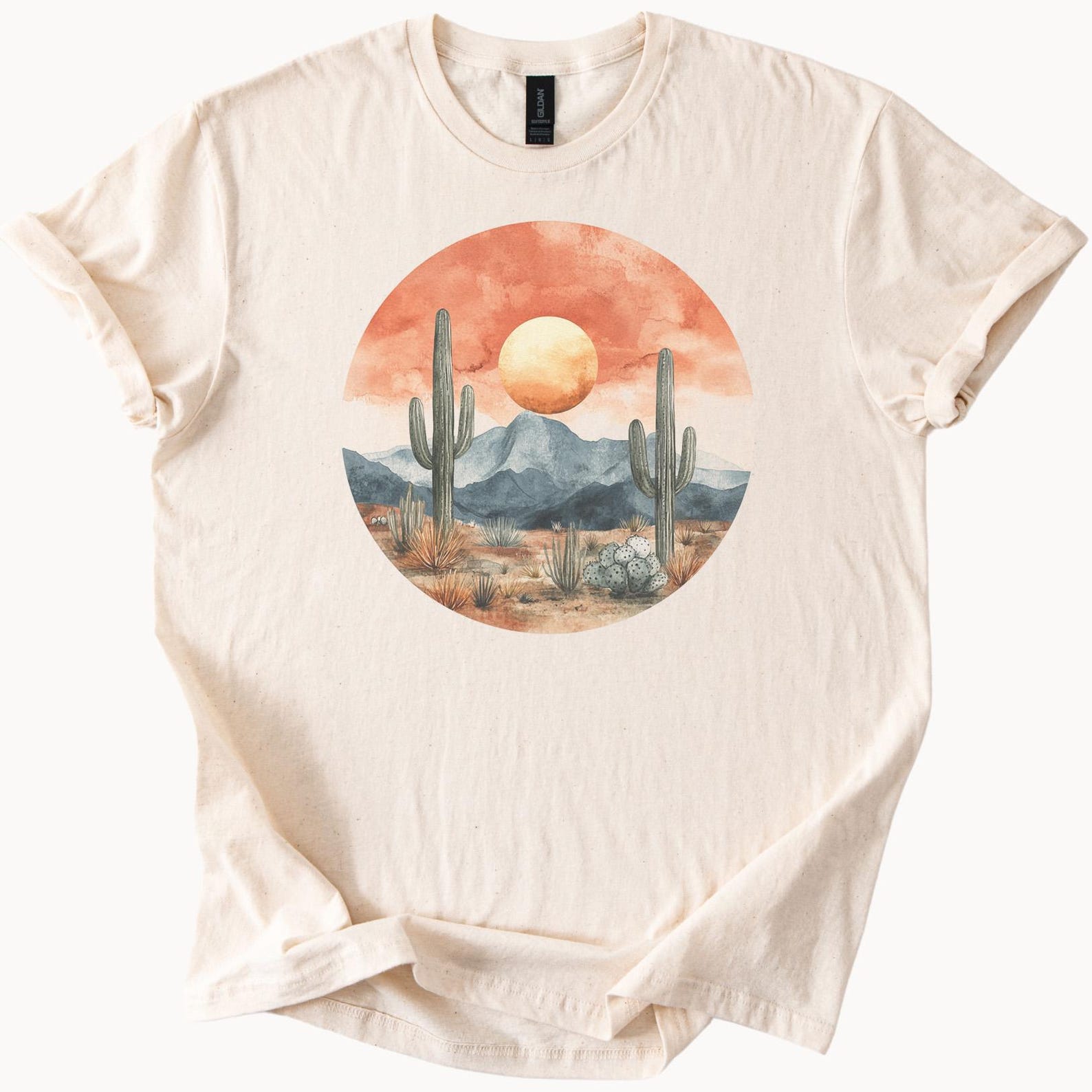 Desert Sunset Graphic T Shirt with Cactus Mountains and Watercolor Sky Southwestern Nature Art Tee for Outdoor Adventure Lovers 140