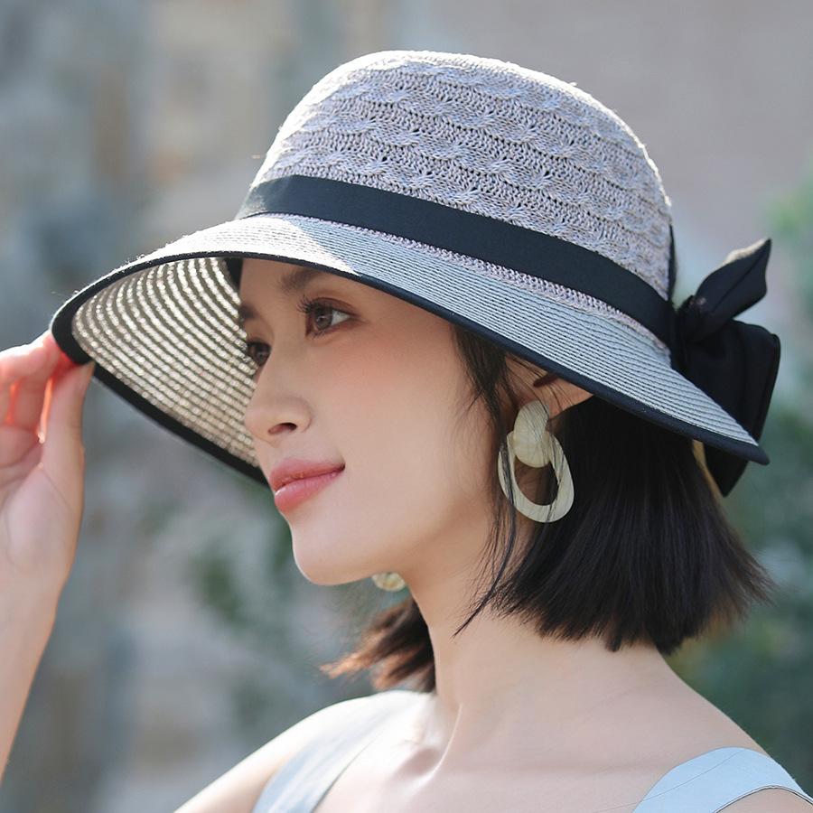 Women Wide Brim Straw Sun Hat with Bow Ribbon Summer Beach UV Protection Floppy Bucket Cap