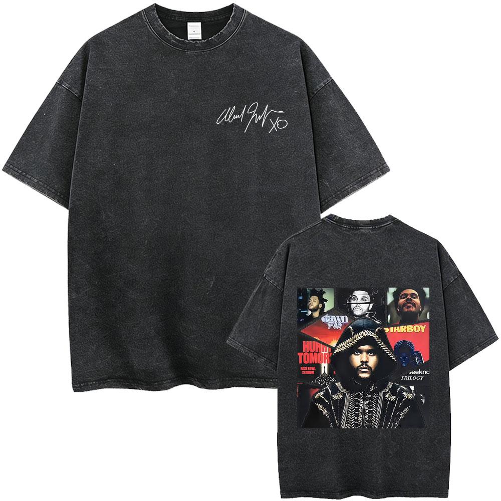 Vintage Gewaschen The Weeknd Starboy Album Grafik T-Shirt Herren Damen Hip Hop Mode Popmusik T-Shirts Männlich Lässig Baumwoll-T-Shirts