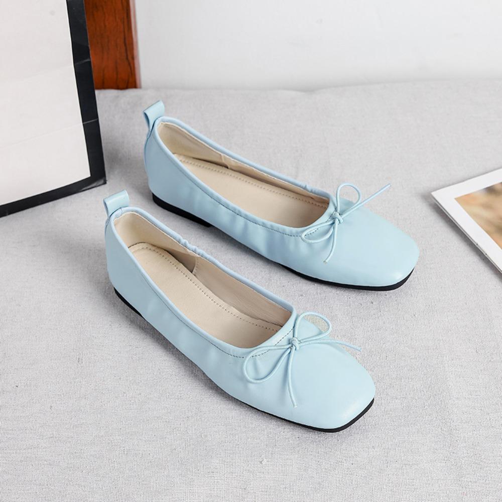 Flat Shoes Women Plus Size 44 Spring Square Head Shallow Mouth Single Shoes Flat Sole Versatile Soft Sole Bow Women's Shoes