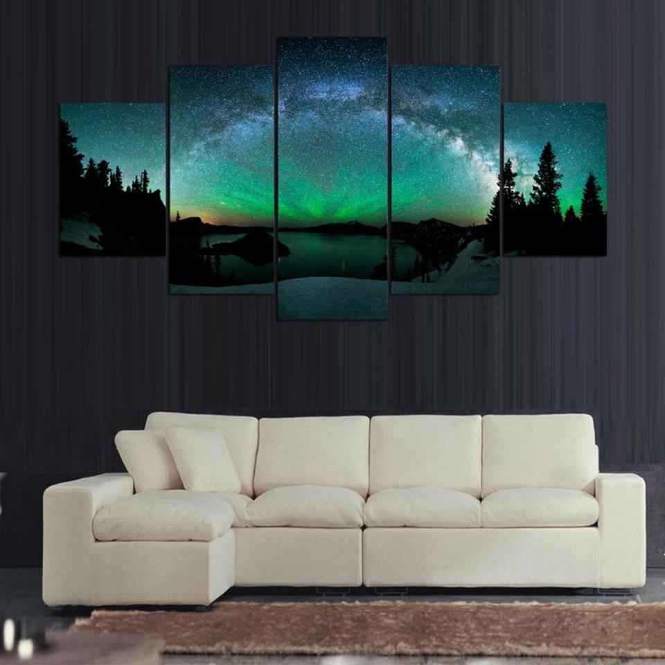 Impression HD 5 Panneaux Paysage Nuit Étoilée Aurore Boréale Toile Art Mural Papier Peint Peintures Affiches Salon Décoration Intérieure