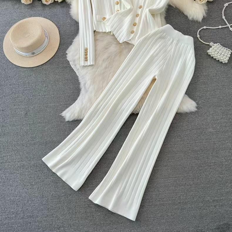 Fashion Suit Women's Korean Version Long-sleeved V-neck Single-breasted Knitted Jacket Three-piece Vest High-waisted Straight-leg Wide-leg Pants