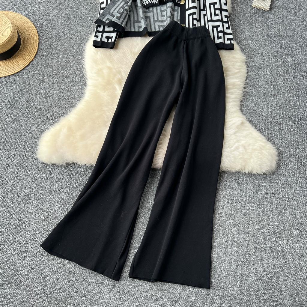 Autumn Winter Vintage Designer Print Knitted Sweater Pant 3 Piece Set Women Tracksuit Long Sleeve Cardigans Vest Ankle Length Trousers Outfits