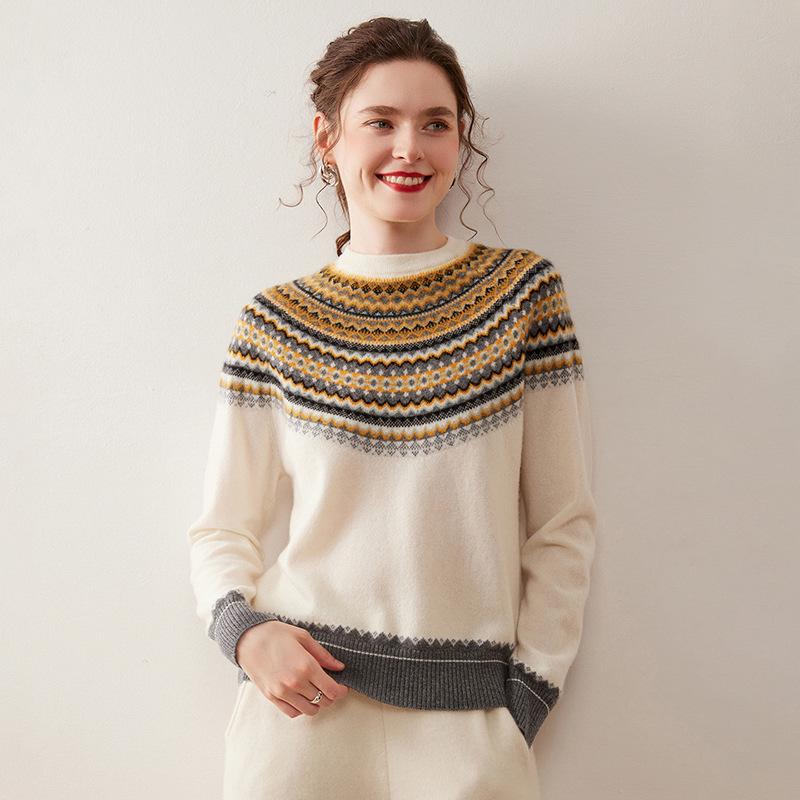2025 Autumn/Winter Fair Isle Color Block Cashmere Women's Loose Fit Slimming Sweater