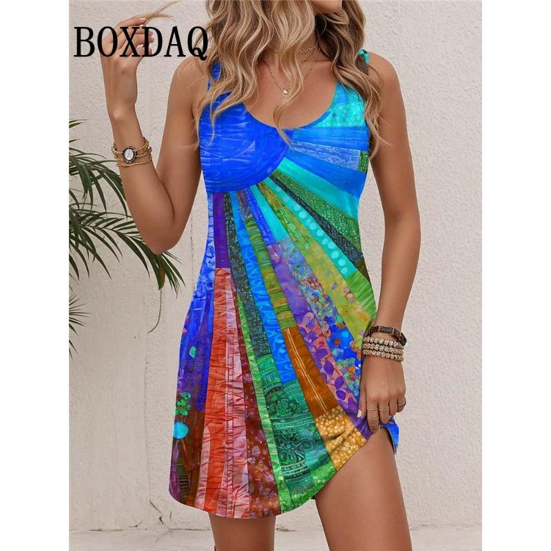 Fashion Abstract Striped Print Dress For Women Summer Casual Sleeveless Loose Dresses For Women Boho Holiday Beach Sundress