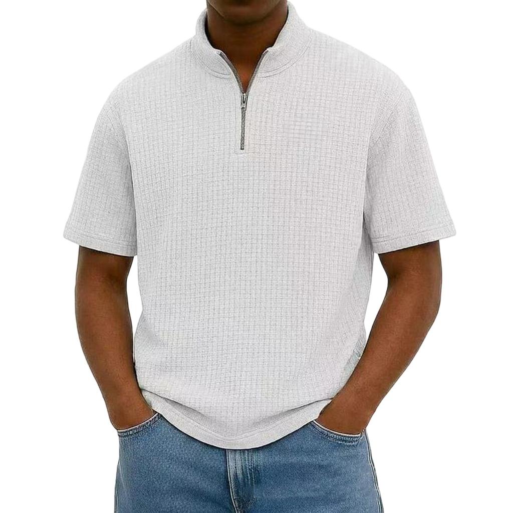 Men's Short Sleeve Half Zip Pullover Shirt Loose Fit Lightweight Casual Top with Stand Collar Suitable for Outdoor and Daily Wear