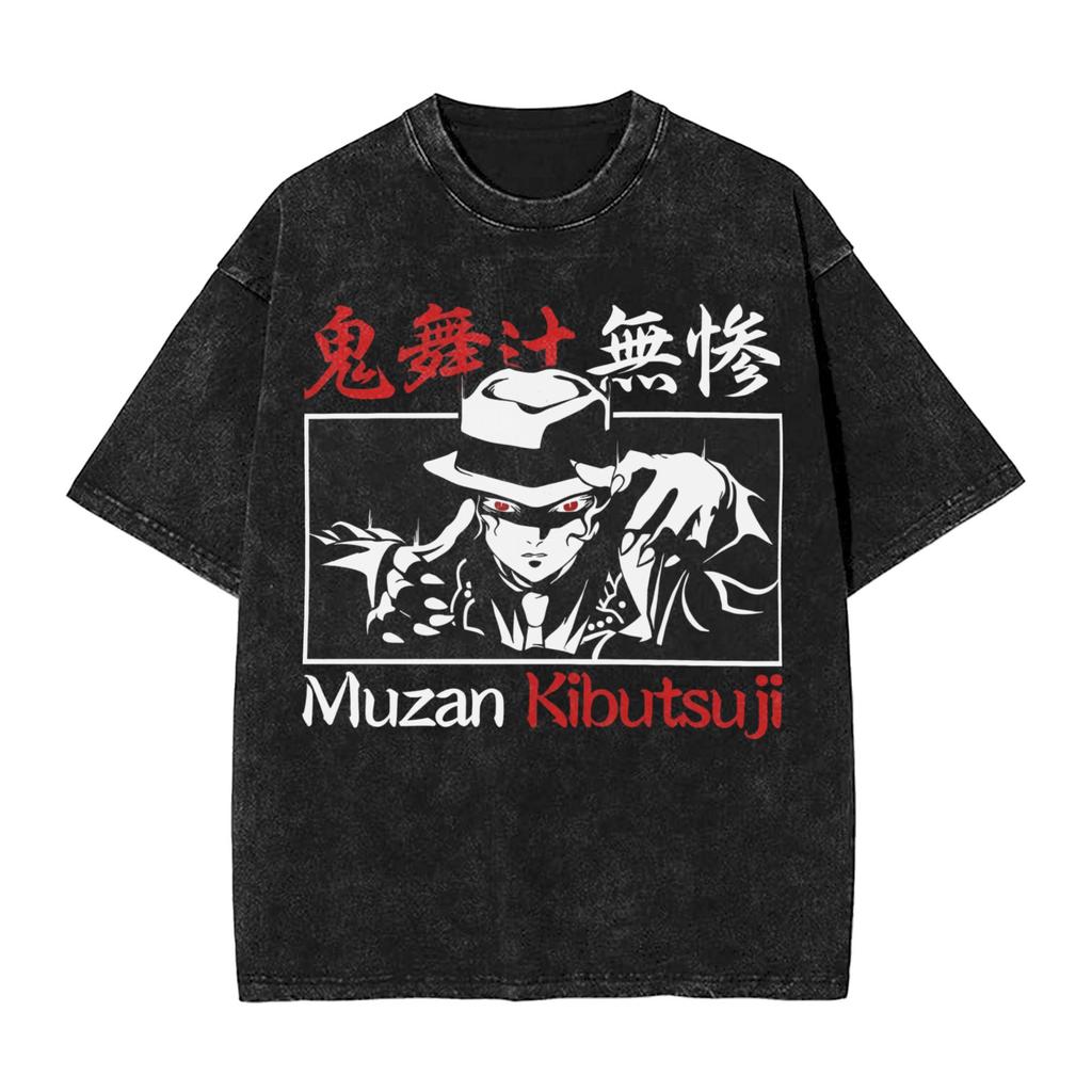 Demon Slayer Anime T Shirt Kibutsuji Muzan Graphic Washed Tee Men Casual Cotton T-shirts Harajuku Manga Vintage Tshirt
